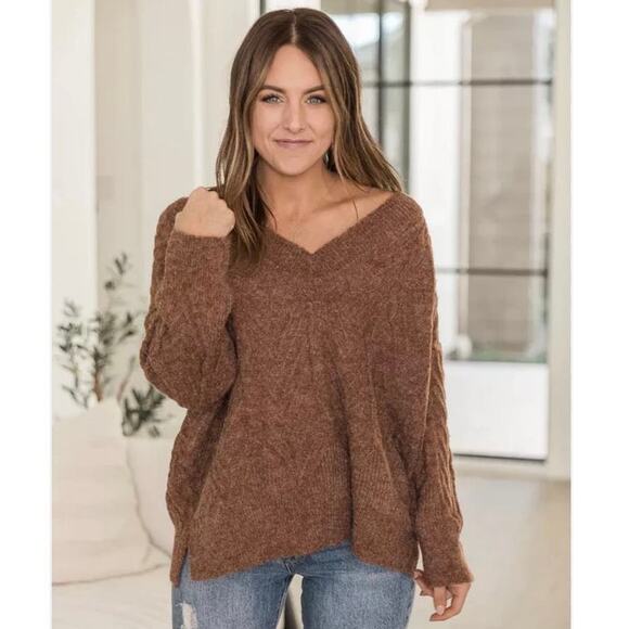 Daryl-Ann Denner Sweaters - Daryl-Ann Denner by Pink Lilly Women's Size Small Rustic Brown V Neck Sweater